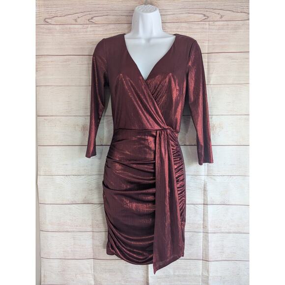 BCX Dress Size Small Red Long Sleeve Faux Wrap Surplice Long Sleeves - Picture 1 of 10